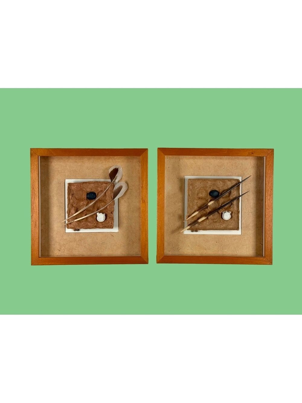 Set of 2 Shirlee Lewis Cedar Bark Paper Feather Assemblage Wabi-Sabi Art 2000